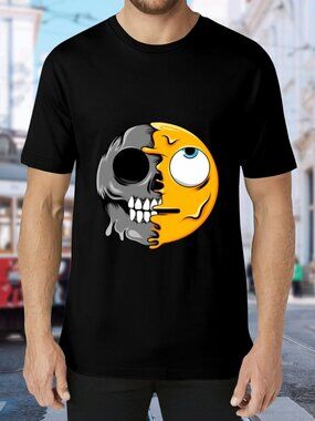 Black Short Sleeve Tee with Half Skull Half Emoji Graphic